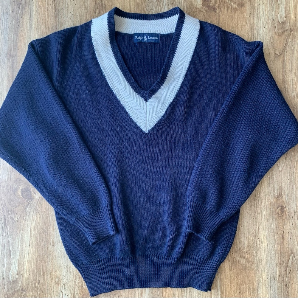 Vintage Ralph Lauren Blue Label Wool Sweater V-Neck Collegiate Preppy
